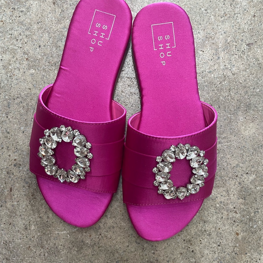 ShuShop Fuchsia Satin Embellished Sandals